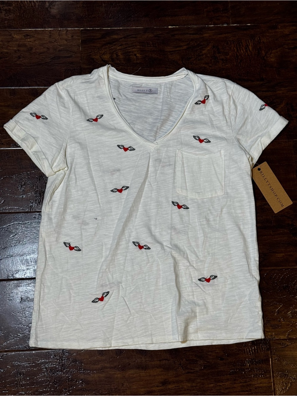 NWT Billy T Love Wings Tee V Neck Embroidered Hearts Size Medium